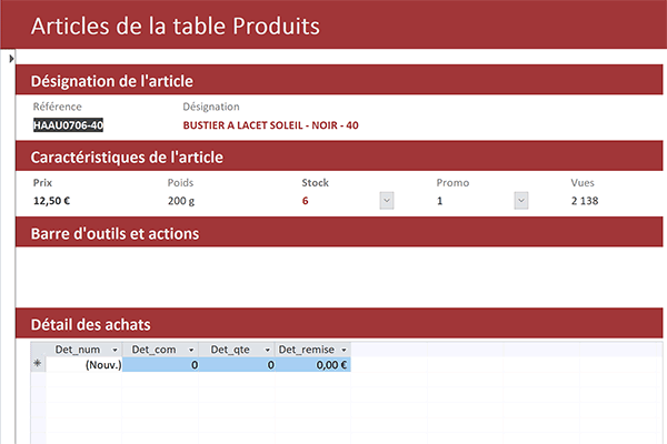 Aperçu finalisé du formulaire Access présentant les produits à vendre