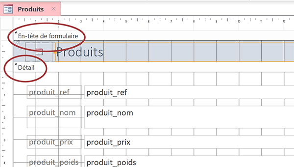 Mode création du formulaire Access pour mise en page et organisation des informations