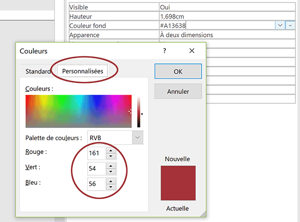 Composantes de couleur rouge, vert et bleu pour personnaliser apparence du formulaire Access