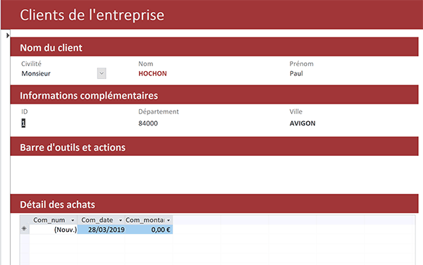 Formulaire Access présentant les clients de la société