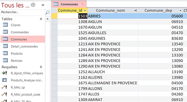 Table Access des villes nettoyée de ses redondances par requête action