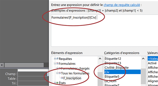 Expression de correspondance entre requête et formulaire Access pour ajouter automatiquement des données dans la table