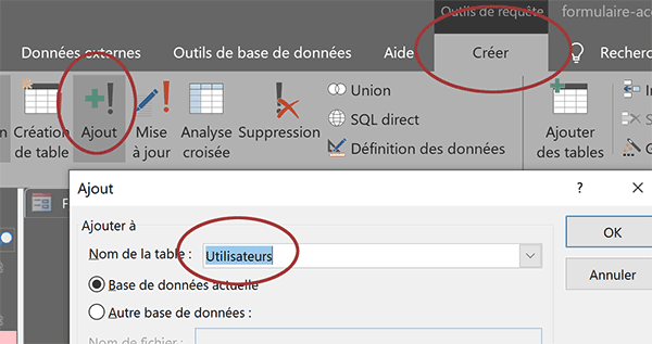 Créer une requête Access pour ajouter des données dans la table avec le formulaire d-inscription