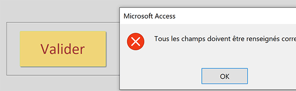 Inscription refusée car tous les champs du formulaire Access ne sont pas renseignés
