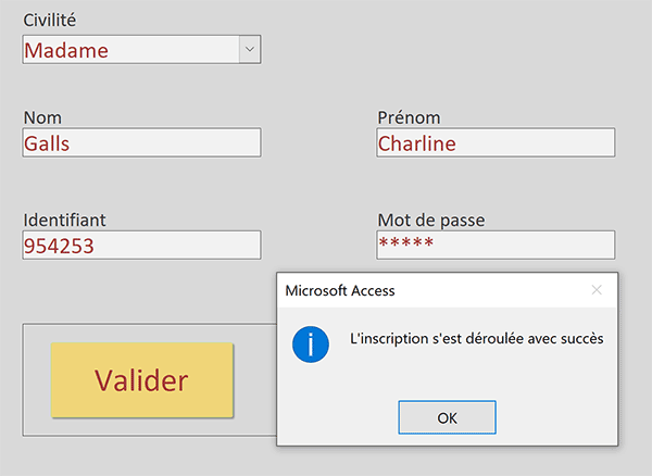 Inscription réussie en base de données depuis un formulaire Access et sans code VBA