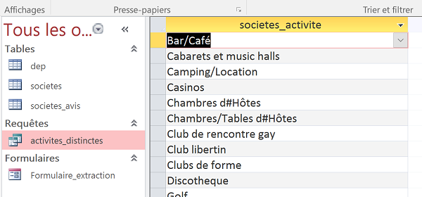 Requête SQL pour extraire données de champ Access sans doublons