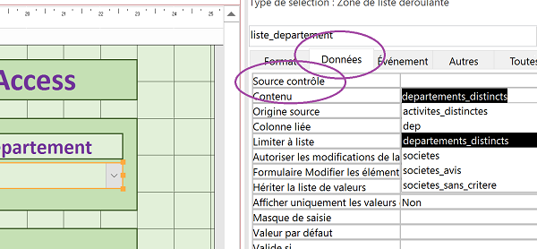 Connecter objets de formulaire liste déroulante à requête Access