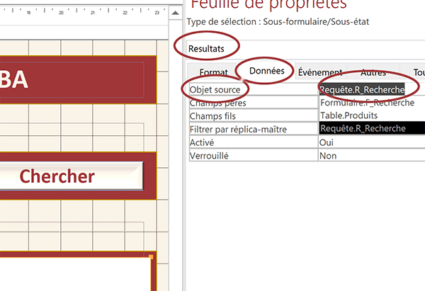 Liaison entre un sous-formulaire et une requête pour restituer les résultats du moteur de recherche Access