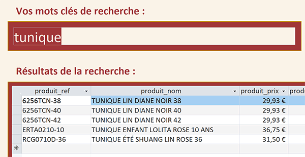 Résultats de recherche par mots clés sur formulaire Access