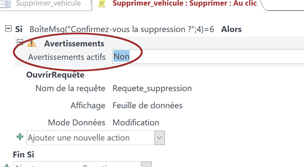 Neutraliser les alertes Access pendant exécution par action de macro Avertissements actifs