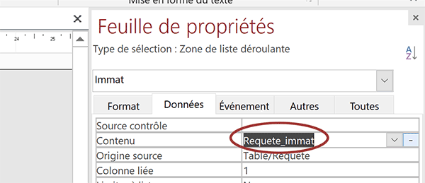 Lier contenu liste déroulante de formulaire Access à requête sélection dynamique