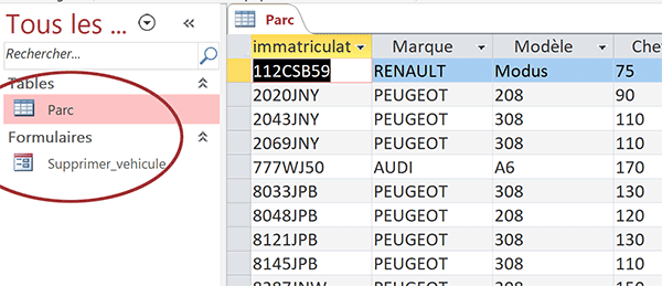 Table des véhicules à vendre à gérer par formulaire Access