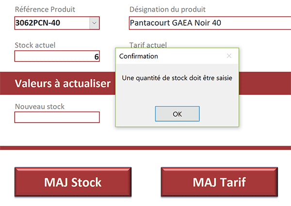 Mise à jour des stocks refusée depuis formulaire Access par macro conditionnelle car quantité non renseignée