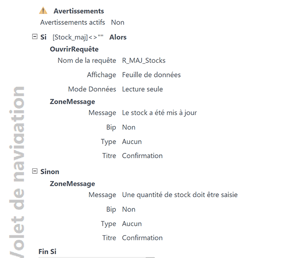 Action conditionnelle de macro Access pour actualiser les stocks dans la table depuis le formulaire si quantité saisie