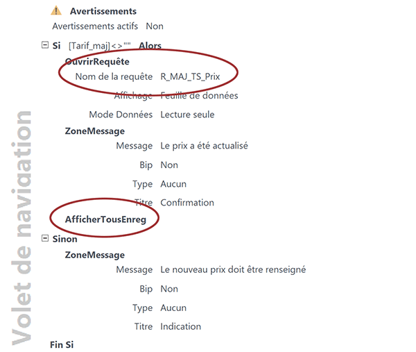 Action de macro pour mettre à jour les tarifs dans la table depuis un formulaire Access