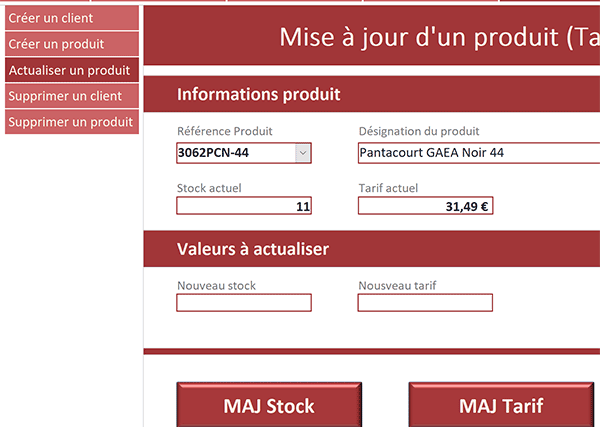 Formulaire Access pour mettre à jour le stock ou le tarif du produit désigné dans la table source