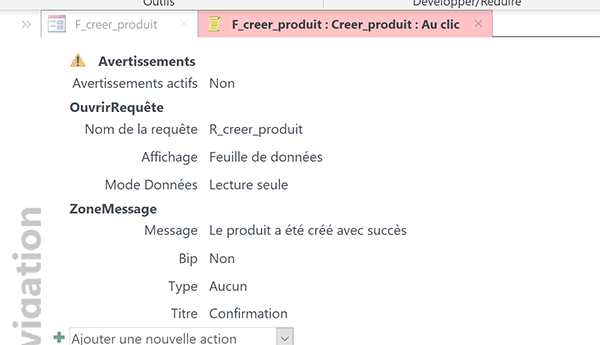 Actions de macro Access pour créer de nouveaux produits depuis le formulaire par exécution de requête liée