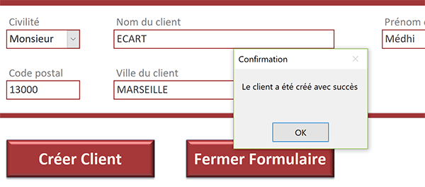 Message sur formulaire Access pour confirmer création nouveau client par action de macro