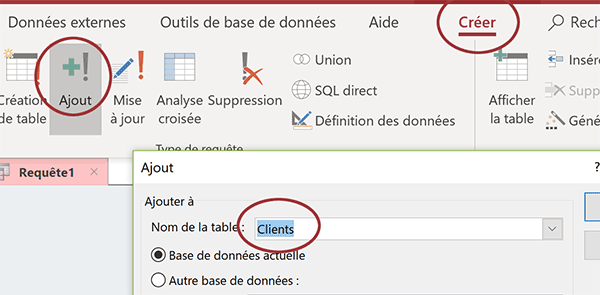 Définir table de destination pour requête Ajout Access à lier au formulaire