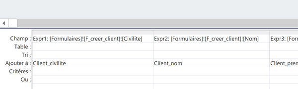 Expressions de correspondance de requête Ajout Access avec informations du formulaire au moment de la demande