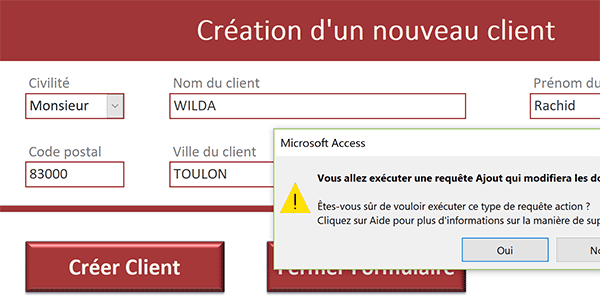 Créer un nouveau client au clic sur le bouton de formulaire Access déclenchant une macro exécutant une requête dynamique