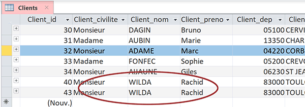 Nouvel enregistrement en double dans la table Clients créé au clic depuis le formulaire Access