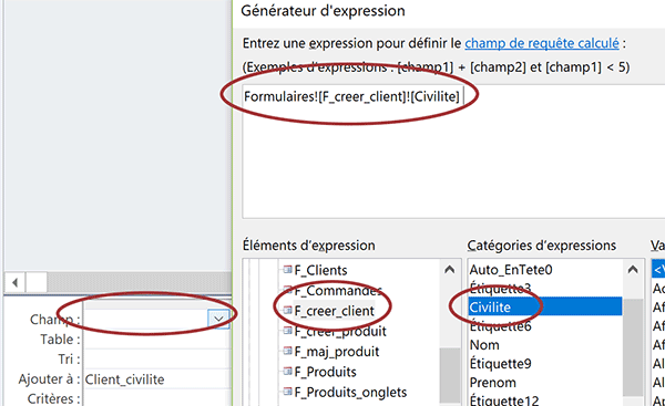 Expression de correspondance entre champ de requête Ajout et formulaire Access