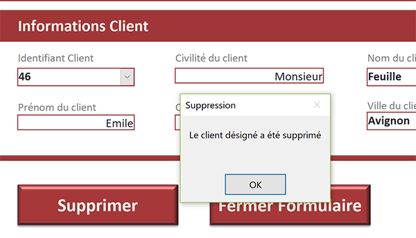 Message de confirmation du client supprimé au clic sur bouton de formulaire Access