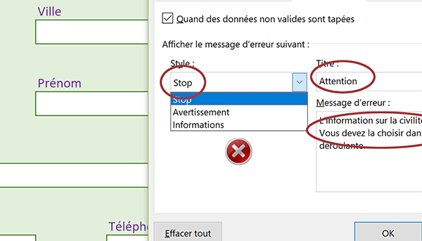 Options et message Excel pour refuser les saisies de données non conformes