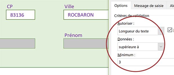 Contrôler la longueur du texte saisi dans cellules Excel pour refuser informations trop courtes