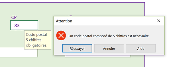 Code postal refusé dans cellule Excel car saisie incomplète