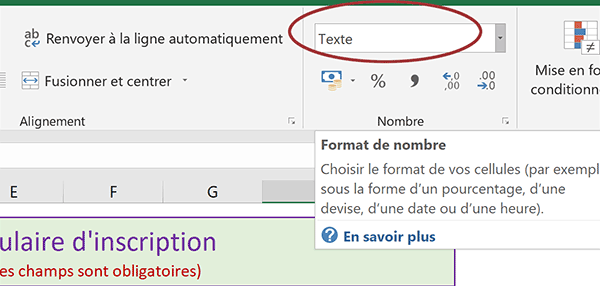 Formater la cellule du numéro de téléphone en texte pour conserver le zéro en préfixe