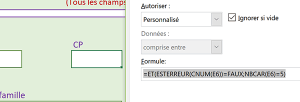 Contrôler validité saisie pour un code postal dans cellule Excel