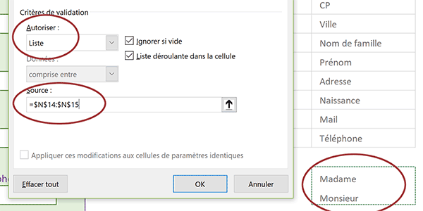 Sélectionner les données de cellules Excel pour remplir une liste déroulante de choix