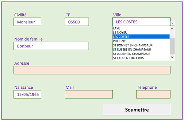 Formulaire inscription Excel guidé et contrôlé sans code VBA