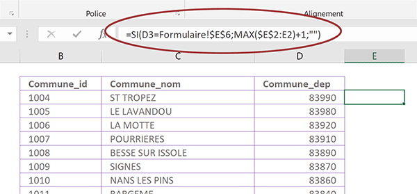 Formule Excel pour extraire de la base de données toutes les villes associées au code postal saisi