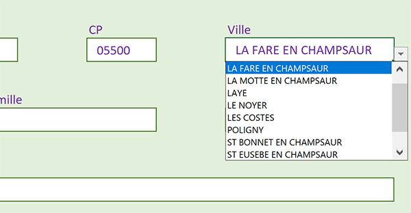 Liste déroulante Excel des villes associées au code postal saisi dans cellule