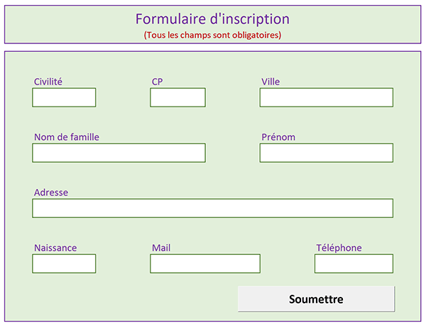 Modèle formulaire inscription Excel pour guider et contrôler la saisie sans code VBA