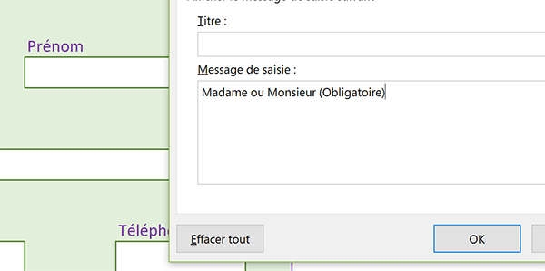 Message Excel pour guider la saisie utilisateur dans cellule grâce aux outils de validation des données