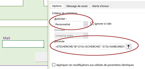 Formule Excel pour contrôler et valider saisie adresse mail dans cellule