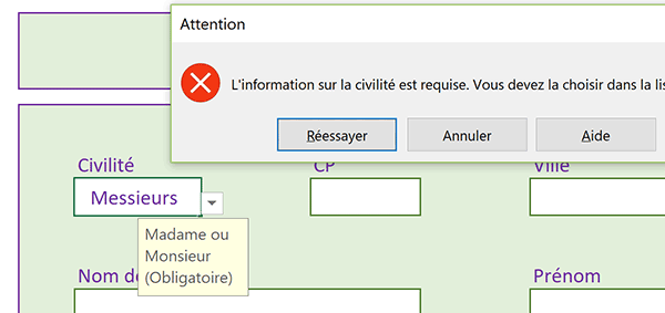 Inscription refusée dans cellule Excel car saisie non conforme avec règle de validité