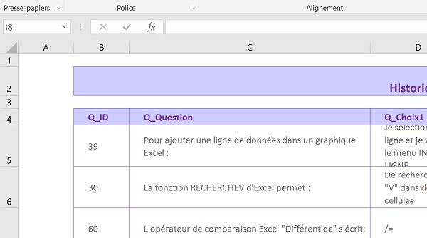 Feuille Excel annexe pour archiver questionnaires Access durant évaluation par QCM VBA