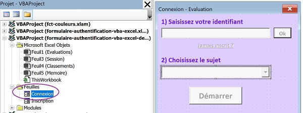 Formulaire authentification en conception dans éditeur VBA