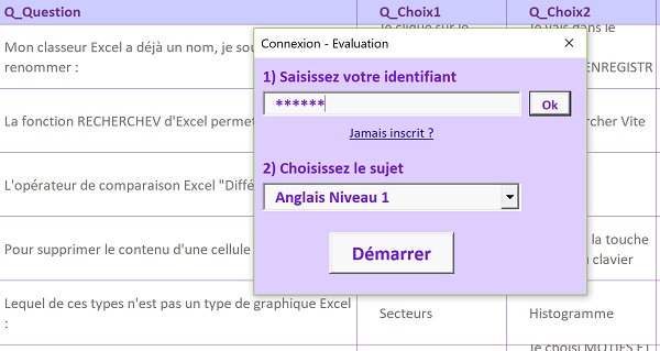 Authentification VBA Excel par formulaire sur base Access pour évaluation