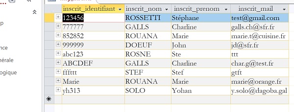 Table inscription de base de données Access pour identification VBA depuis formulaire Excel