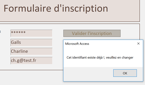 Vérification informations connexion base de données, formulaire VBA Access