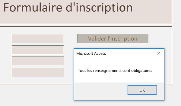 Contrôler saisie formulaire inscription Visual Basic Access