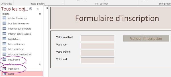 Formulaire inscription Access avec insertion données dans table par code VBA