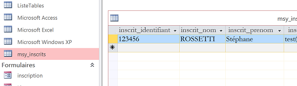 Table des inscriptions dans base de données Access avec identifiants uniques en clé primaire