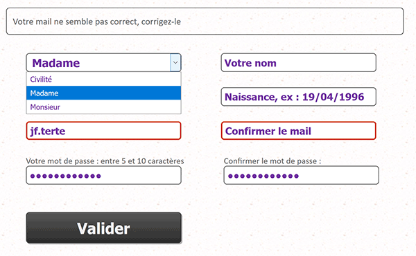 Formulaire inscription PHP, données non validées en Javascript